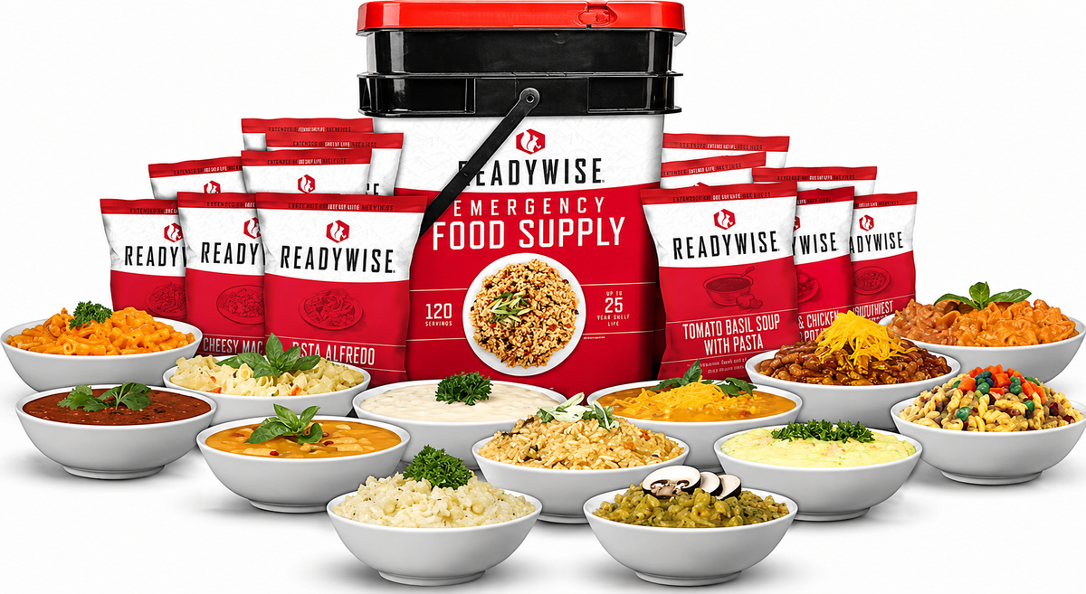 A ReadyWise emergency food supply set featuring a large black and red bucket with multiple red pouches of canned meals and bowls of prepared foods arranged in front on a white background.